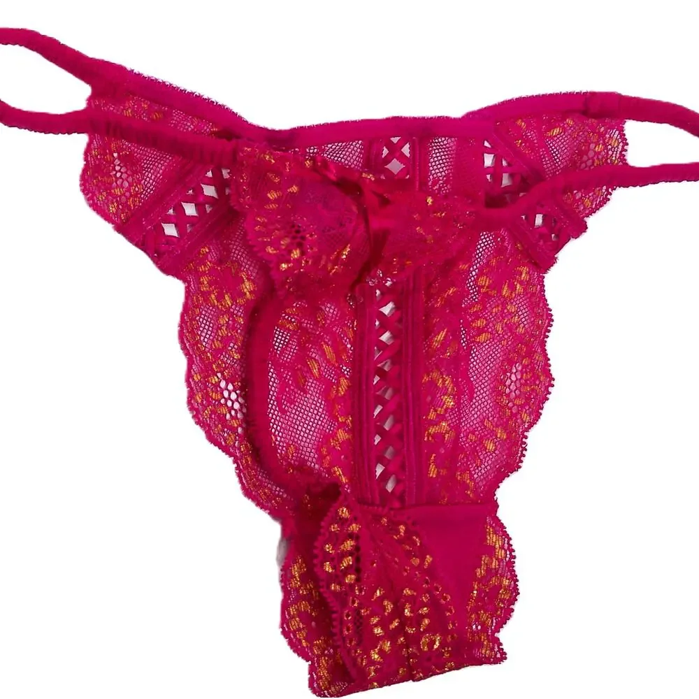 Victoria's Secret Y2K Coquette Pink Gold Crystal Lace Bra Set 36B Thong Large